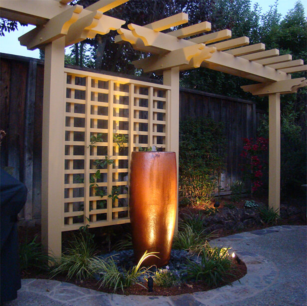 custom Japanese screen wood arbor with copper pot water feature