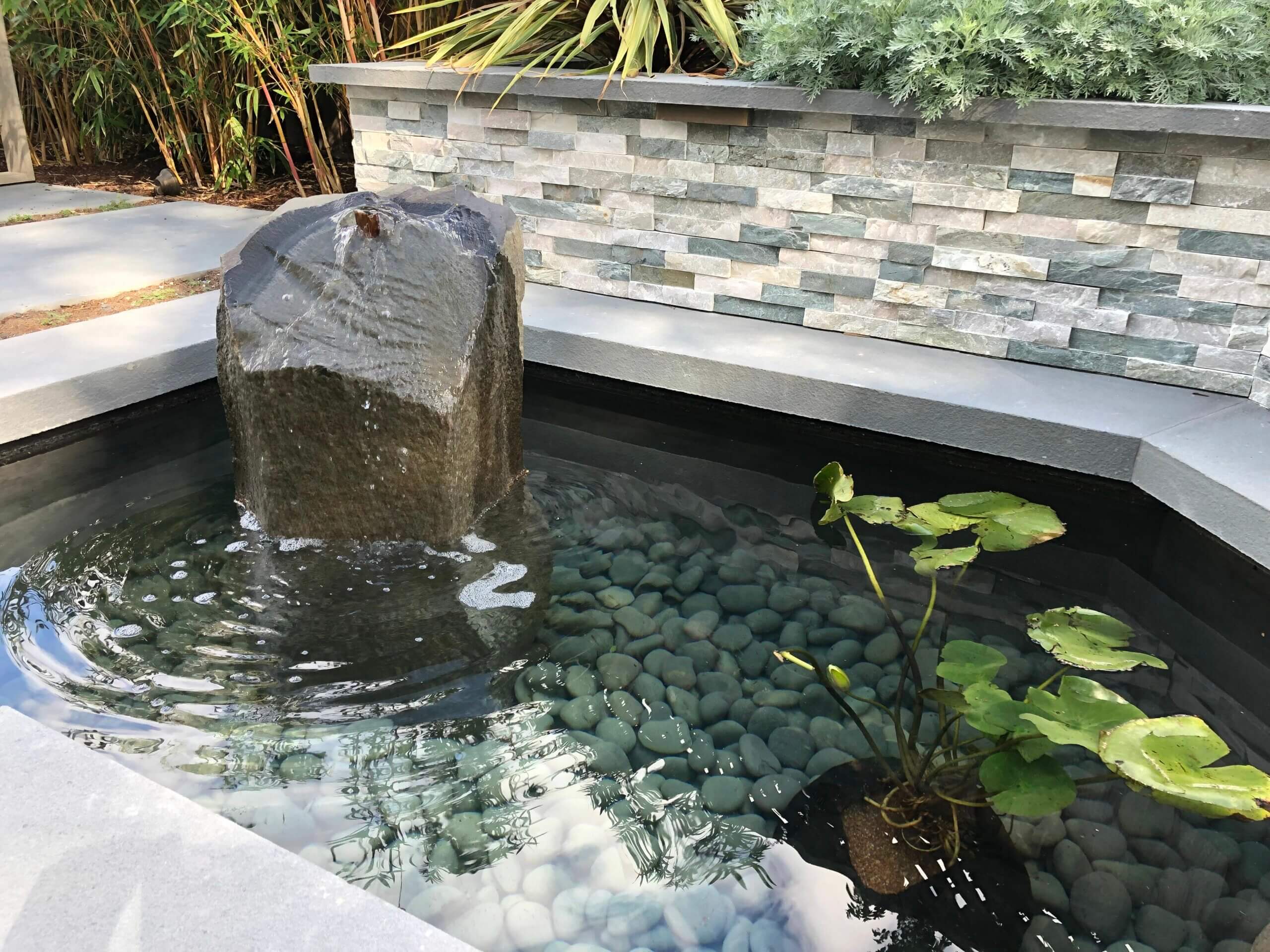 Koi pond with natural stone fountain feature, water plants, and sheltered by stacked stone wall
