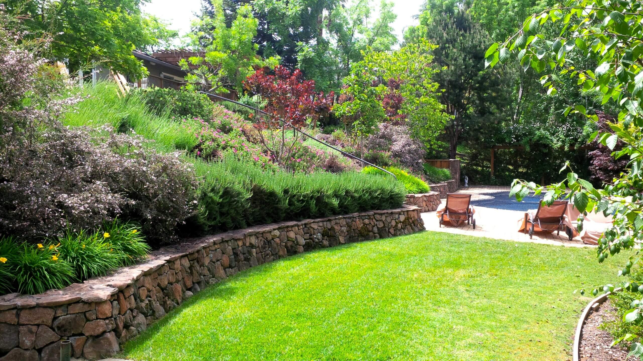 Short natural stone retaining wall in gorgeous backyard landscape with hill behind it covered in ornamental plantings