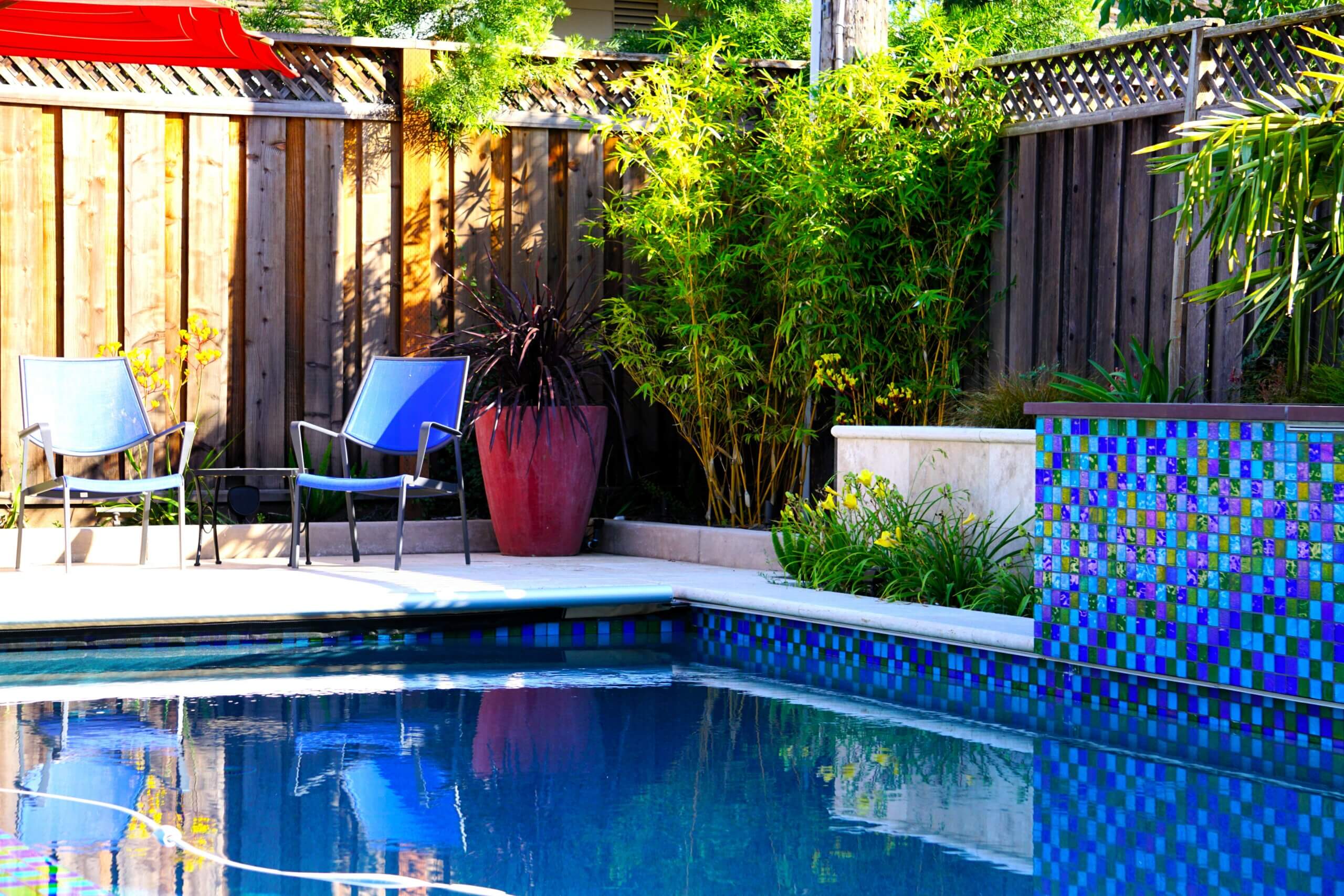 Gorgeous custom blue tile swimming pool in lush California oasis backyard