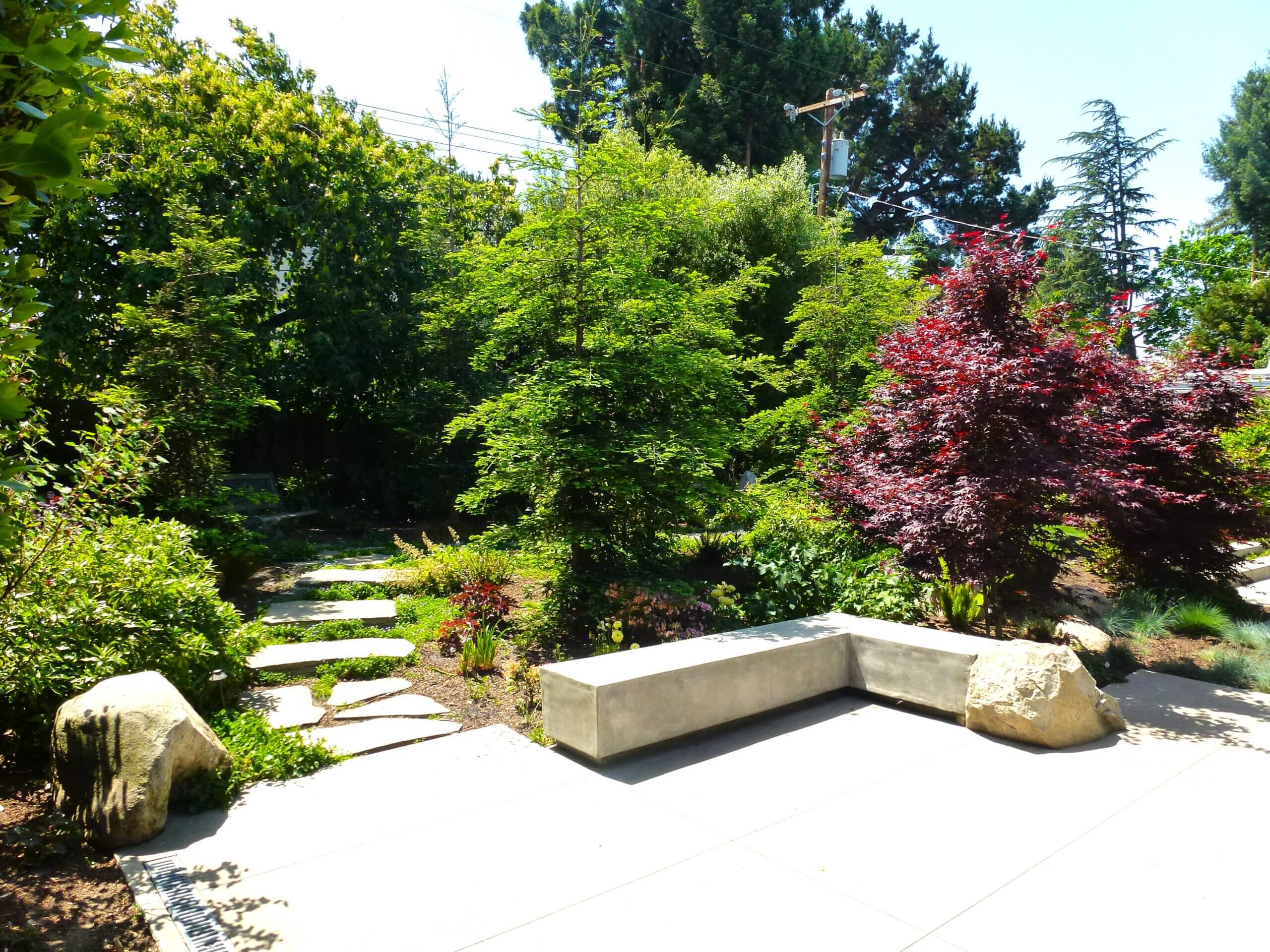 Custom L-shaped concrete bench at edge of back patio with gorgeous trees in backgroound