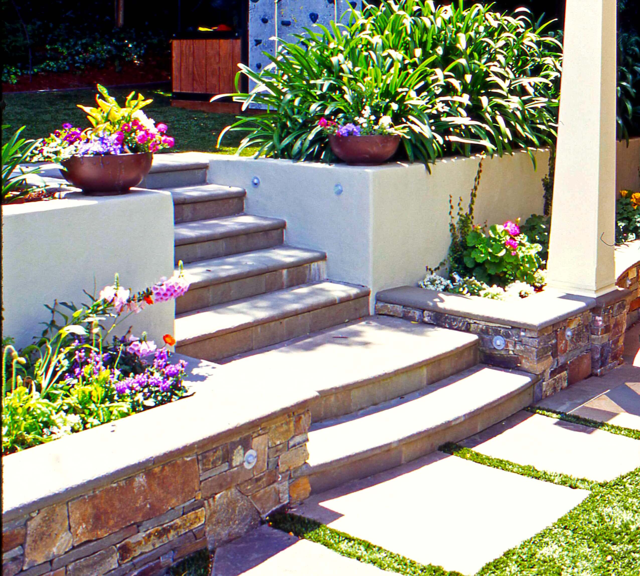 Stone steps leading from backyard to terraced lawn area in California backyard